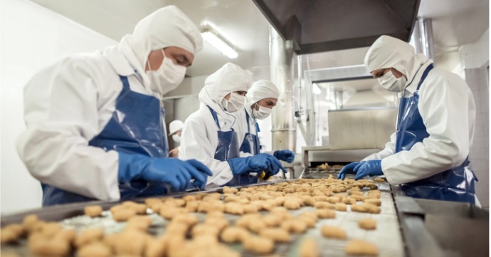 Workers in a factory wearing PPE for food preparation are seen handling and inspecting food.